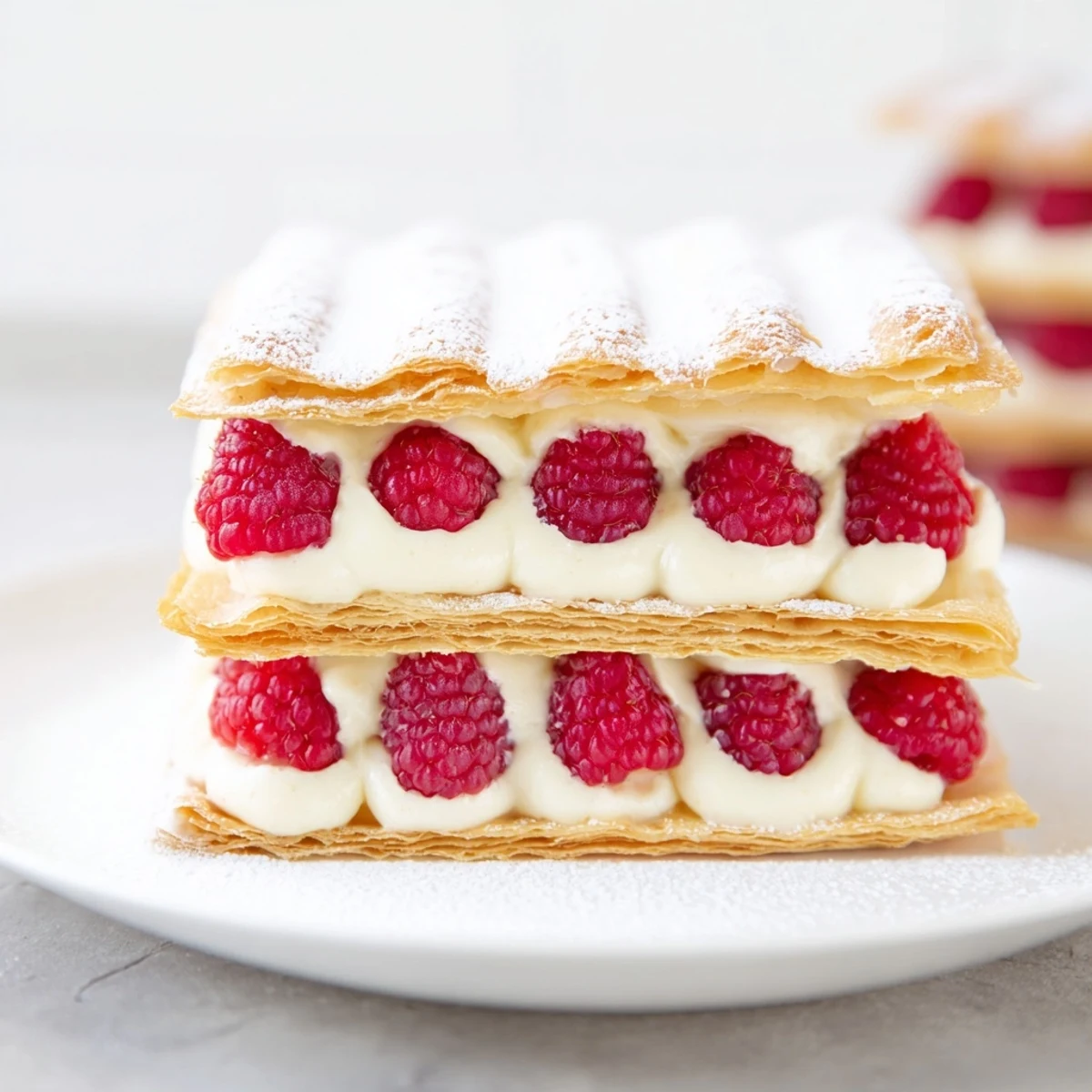 Layered raspberry cream Napoleon dessert topped with powdered sugar and mint on white plate
