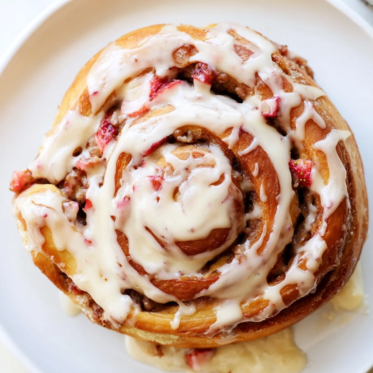 Freshly baked strawberry cinnamon rolls drizzled with creamy white glaze on a rustic wooden board