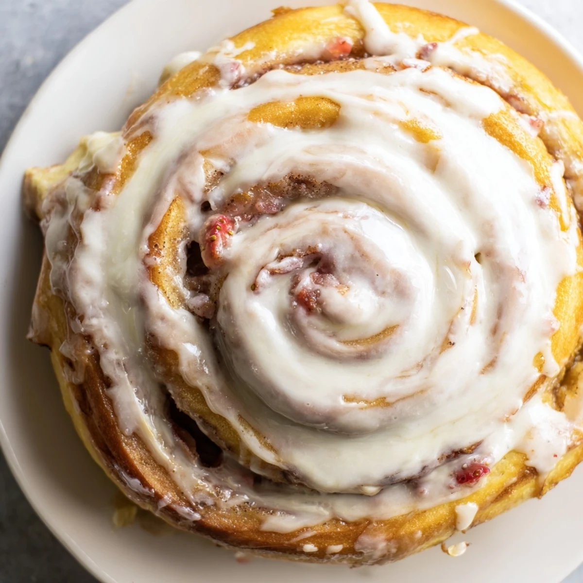 Golden brown homemade strawberry cinnamon rolls bursting with sweet fruit filling and cream cheese frosting