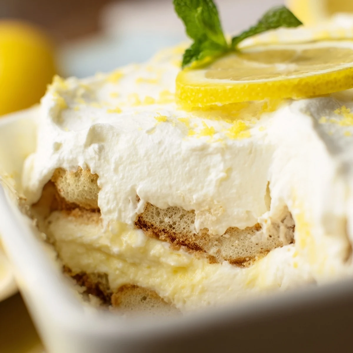 Fresh lemon tiramisu layered with creamy mascarpone and bright lemon-soaked ladyfingers in a glass dish