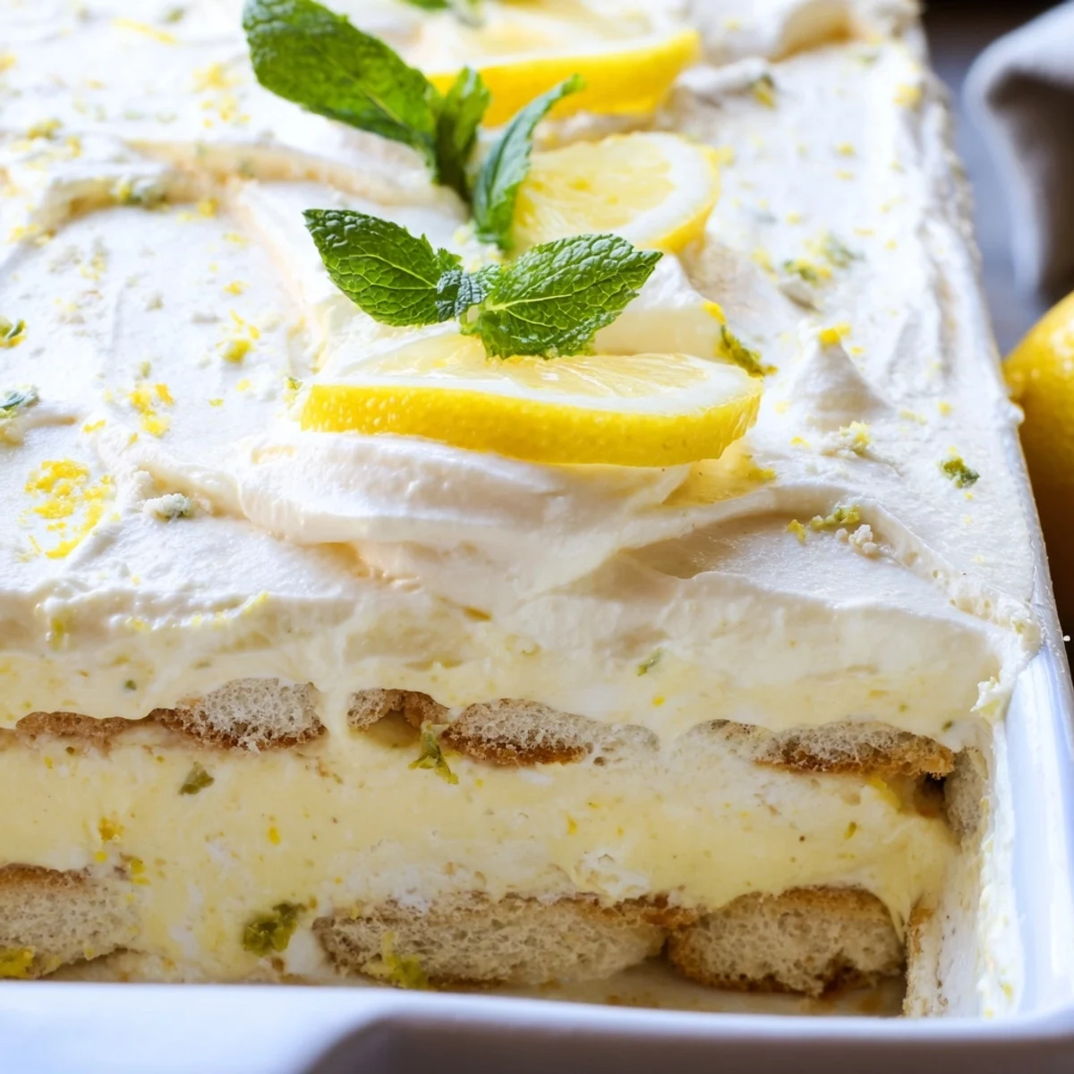 Light and zesty lemon tiramisu topped with thin lemon slices and fresh mint leaves for garnish