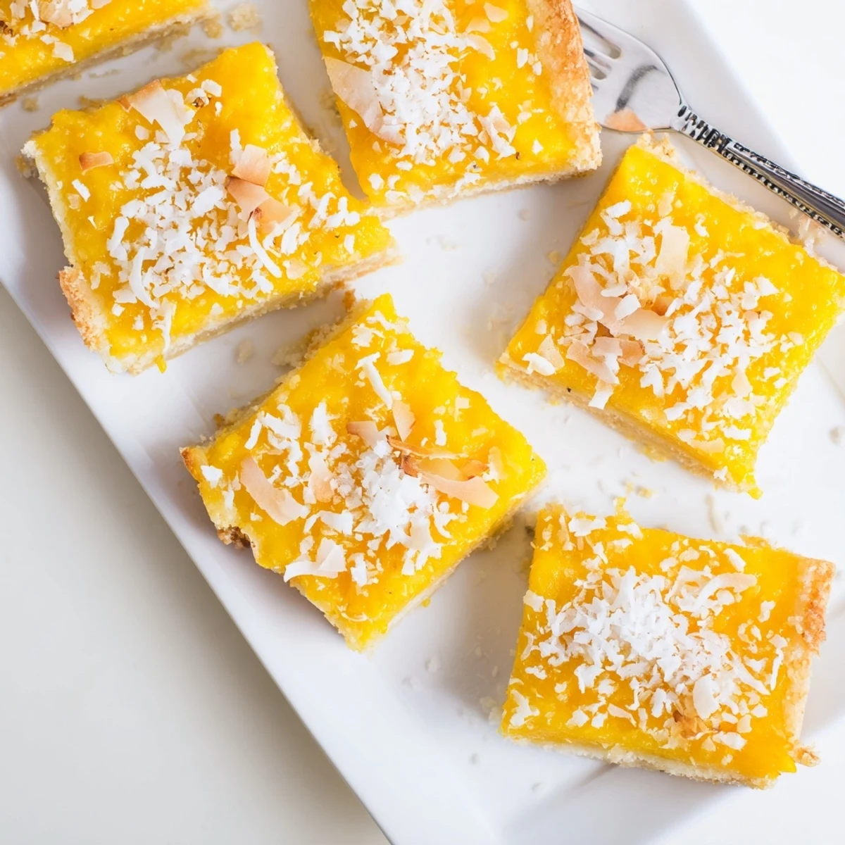 Golden mango coconut bars with tropical fruit filling and toasted coconut topping