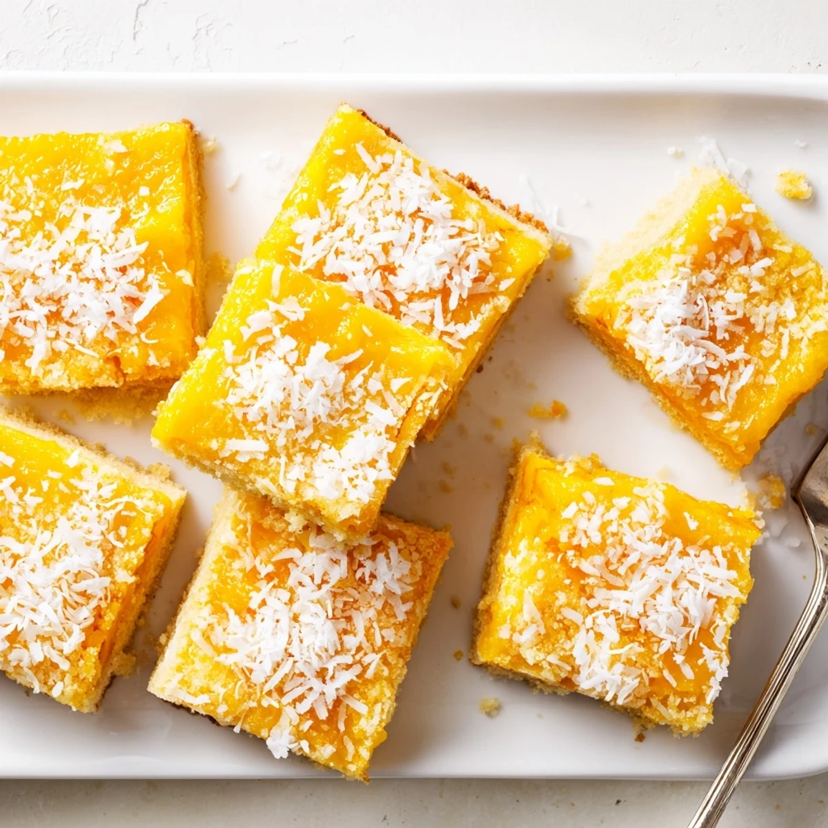Homemade mango coconut bars featuring buttery crust and creamy mango coconut layer