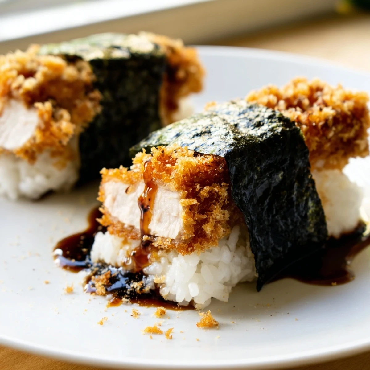 Golden brown chicken katsu musubi wrapped in nori with fluffy seasoned rice layers