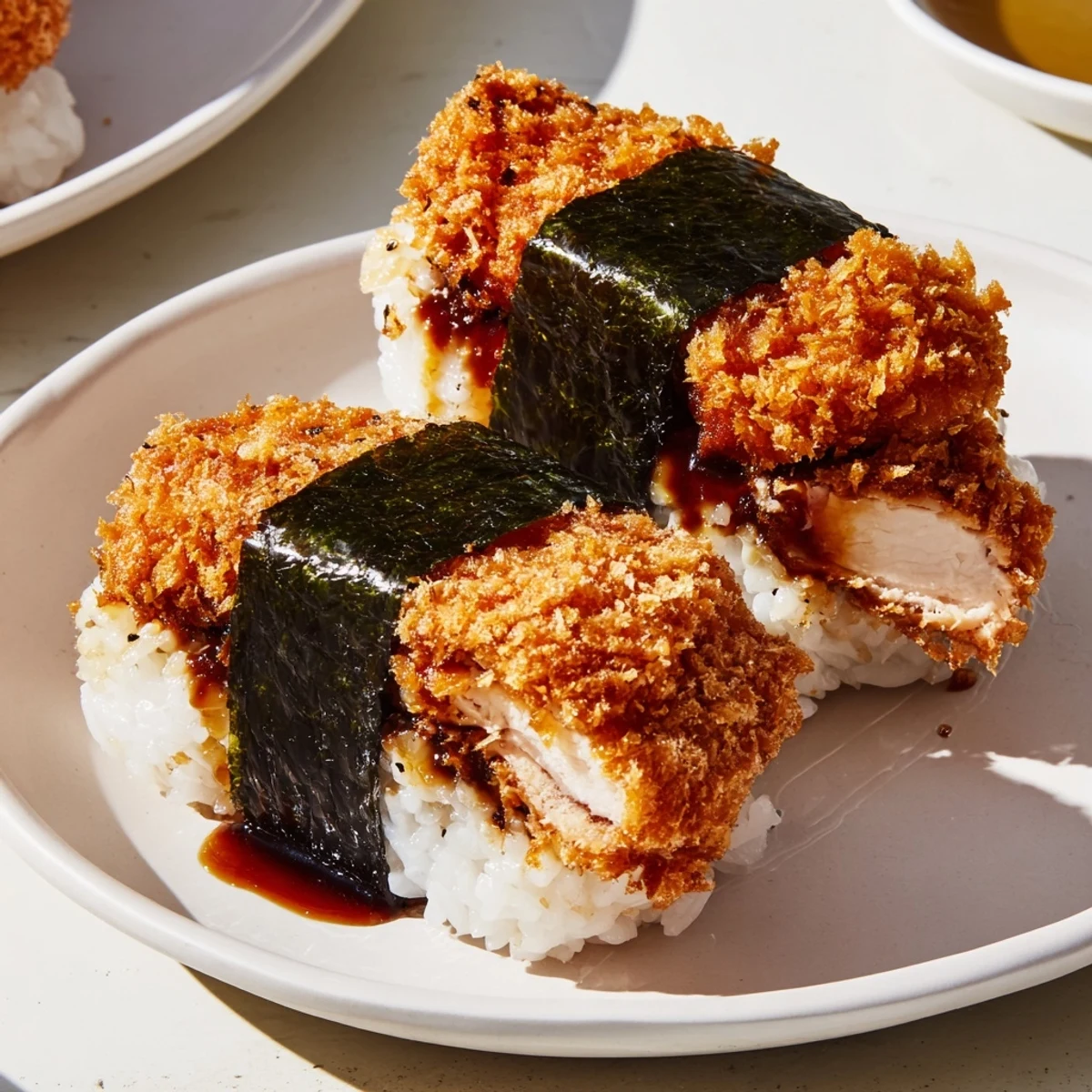 Crispy fried chicken katsu nestled between warm vinegar rice in a rectangular nori wrap