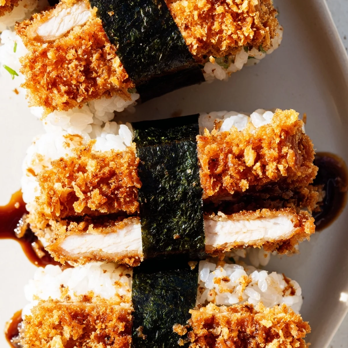 Hawaiian-Japanese chicken katsu musubi drizzled with savory tonkatsu sauce and sprinkled with furikake