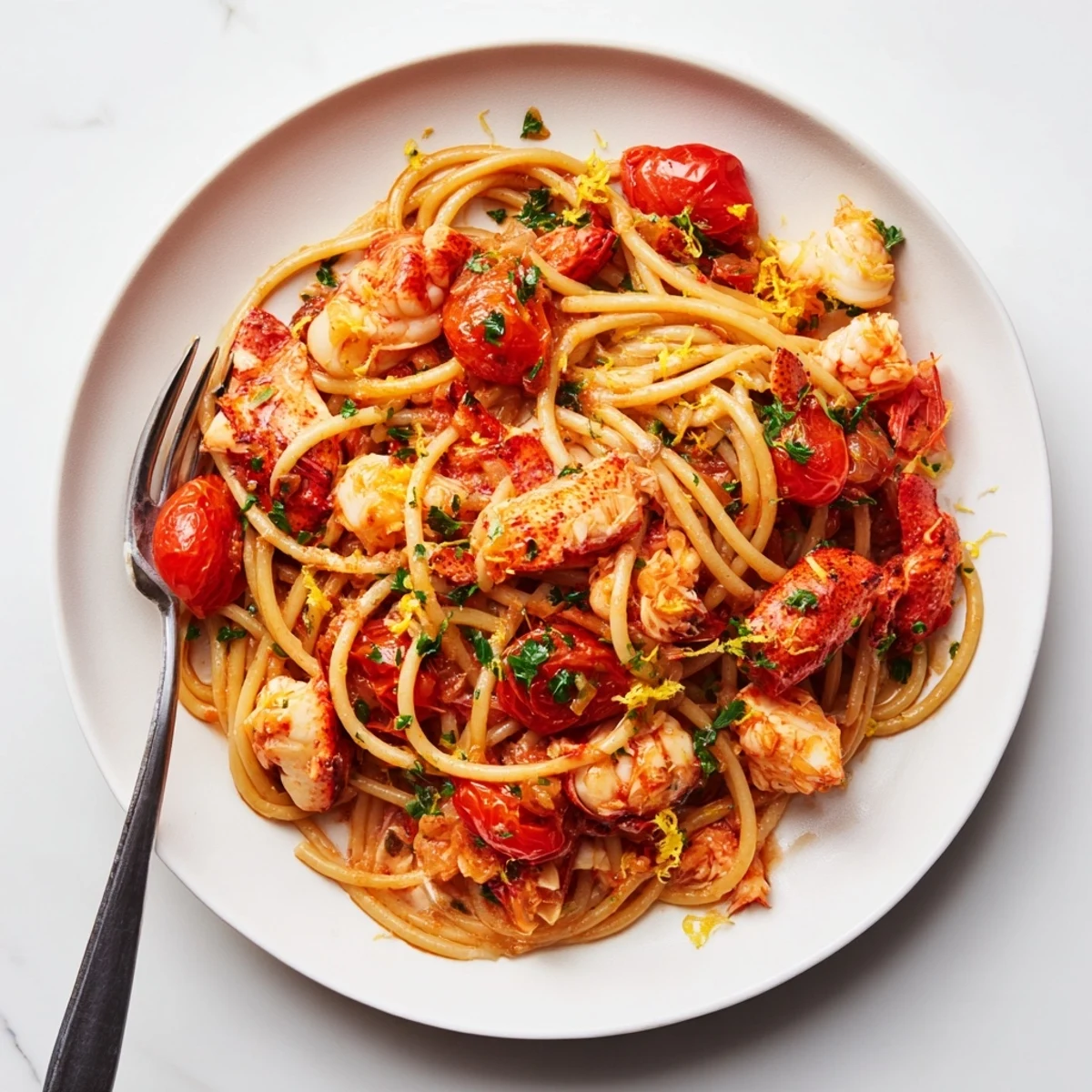 Plated lobster bucatini pasta featuring tender chunks of lobster nestled on thick hollow spaghetti noodles