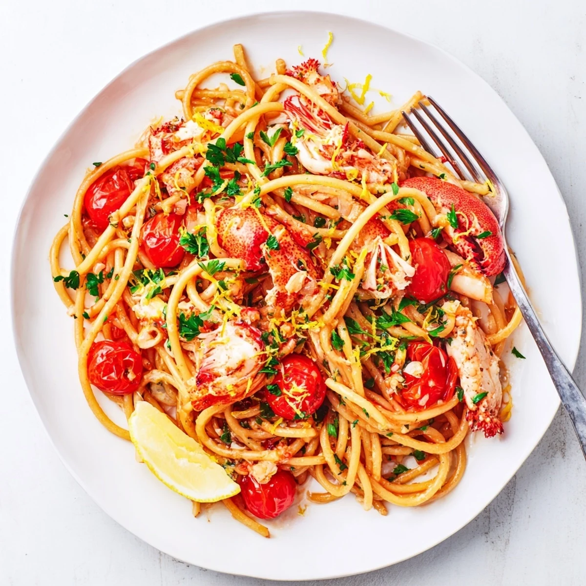 Golden lobster bucatini pasta glistening in rich tomato white wine sauce with fresh parsley