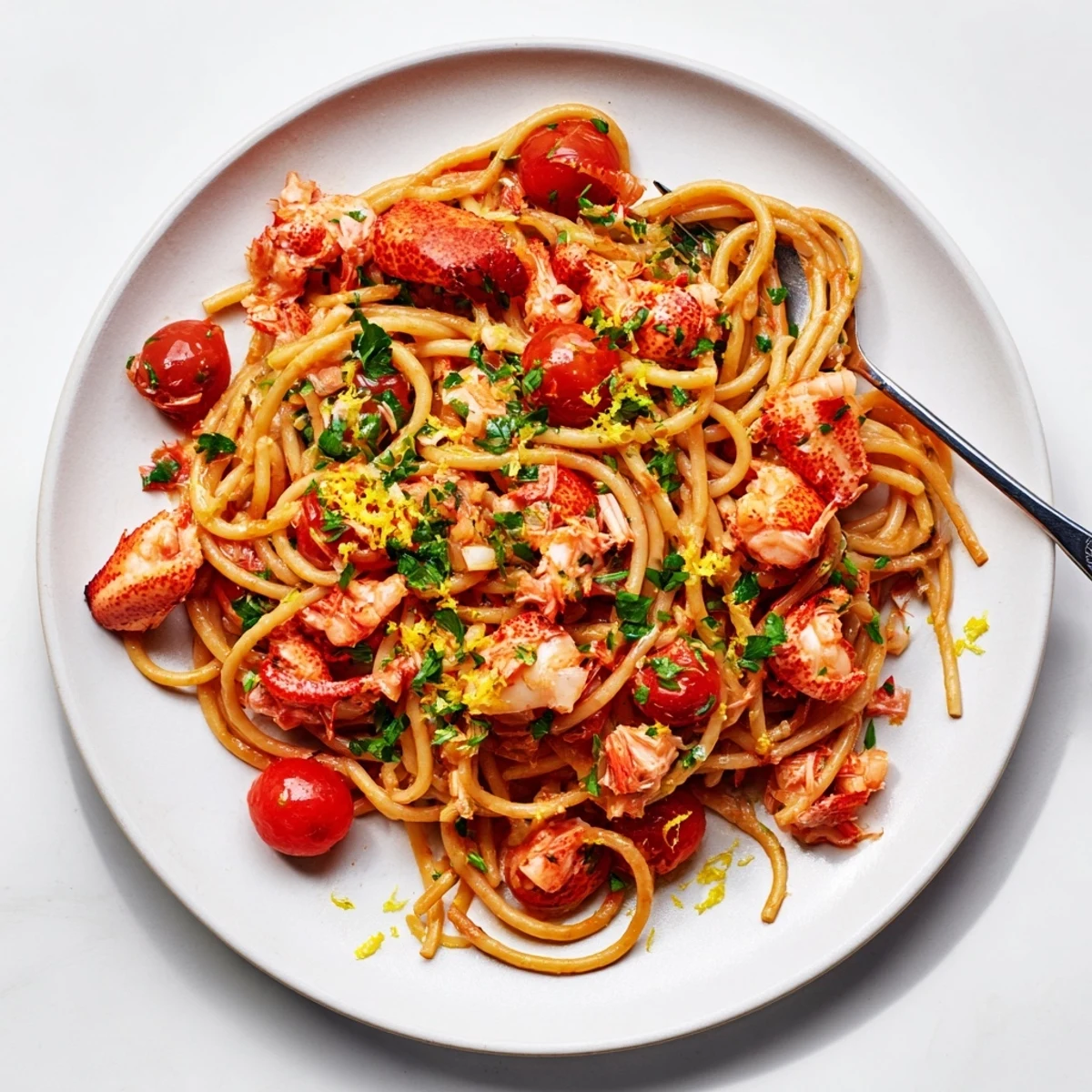 Steaming bowl of lobster bucatini pasta tossed in garlic butter tomato sauce with lemon zest garnish