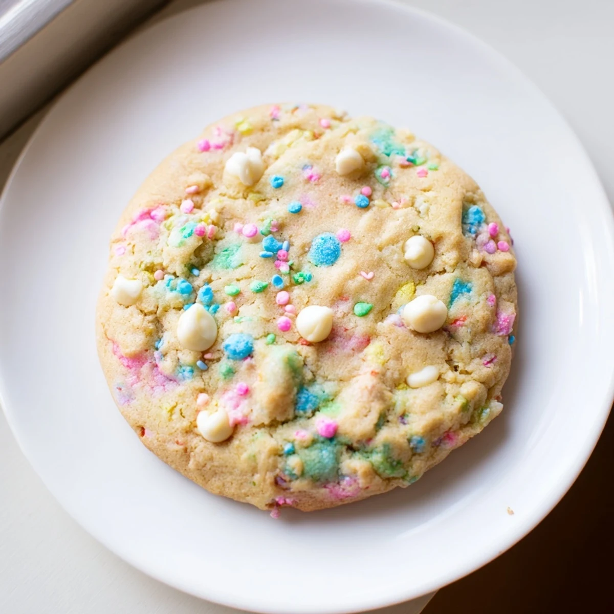 Soft and chewy Easter Funfetti cookies studded with colorful sprinkles on a white plate