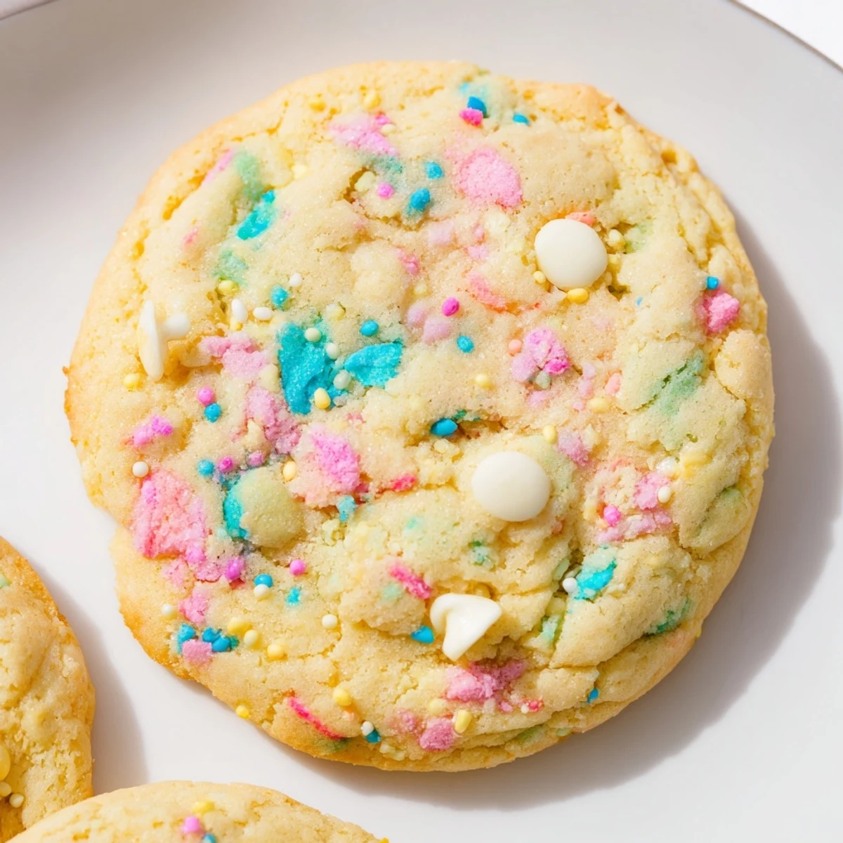 Golden Easter Funfetti cookies with pastel sprinkles baked until edges are lightly crisp