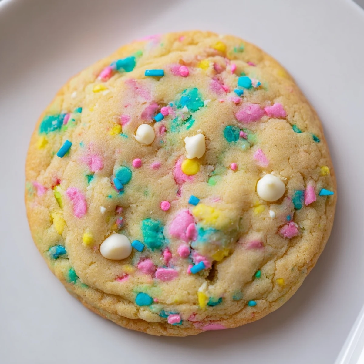 Stack of homemade Easter Funfetti cookies loaded with vibrant jimmies and white chocolate chips