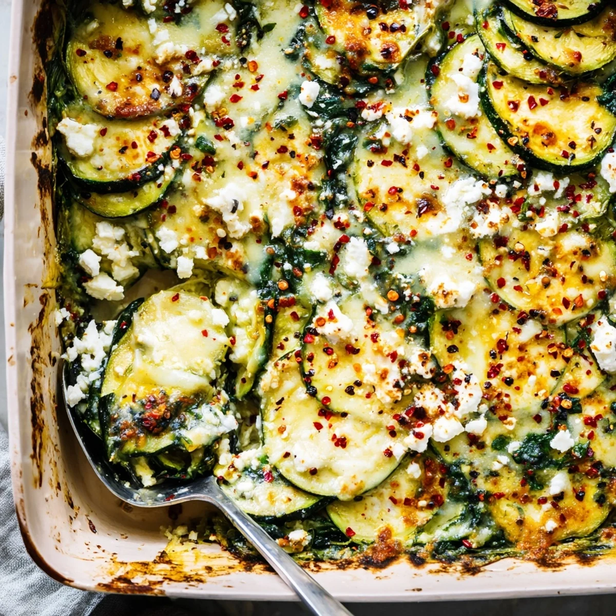 Golden baked zucchini spinach and feta casserole with bubbling cheese topping