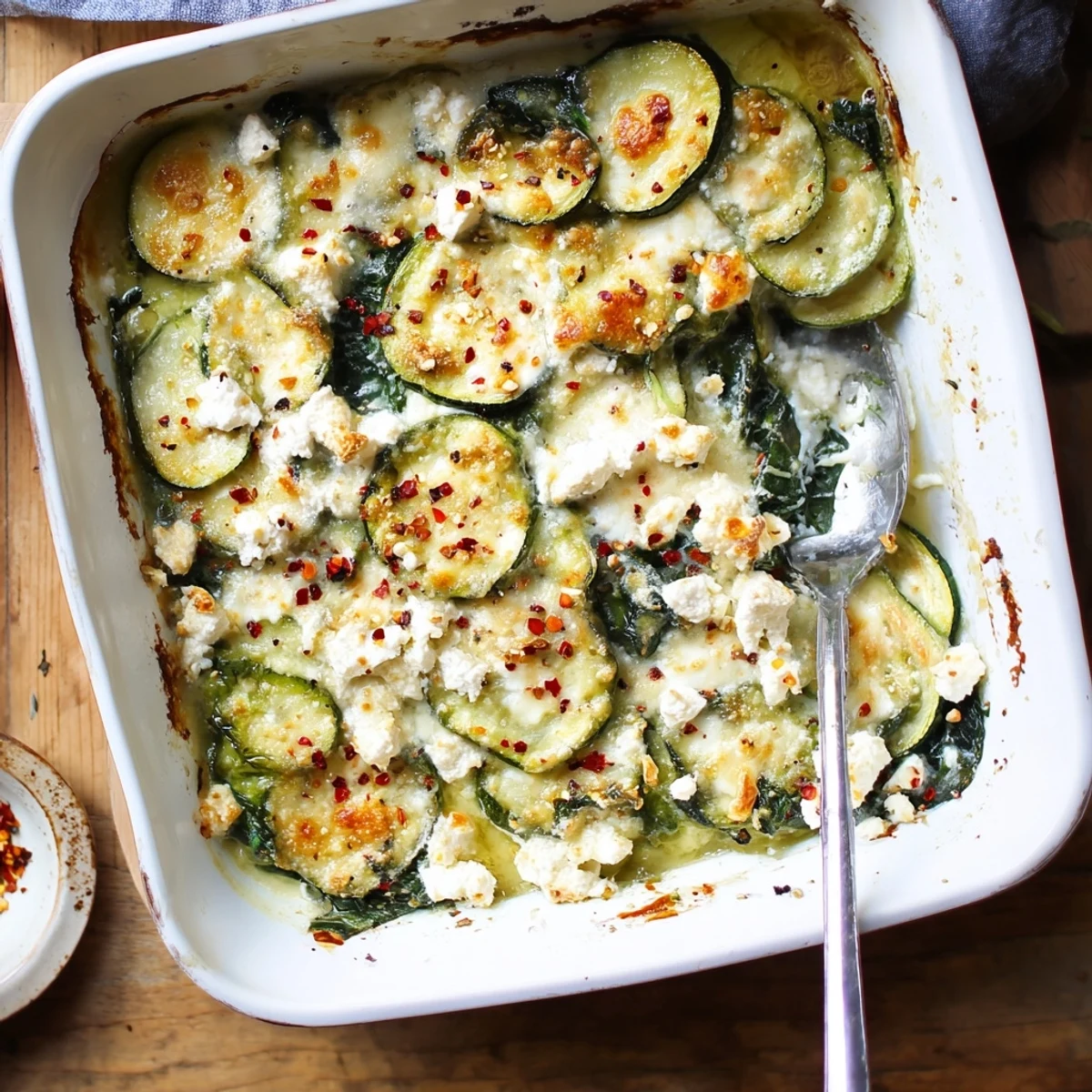 Mediterranean zucchini spinach and feta casserole fresh from the oven in square baking dish