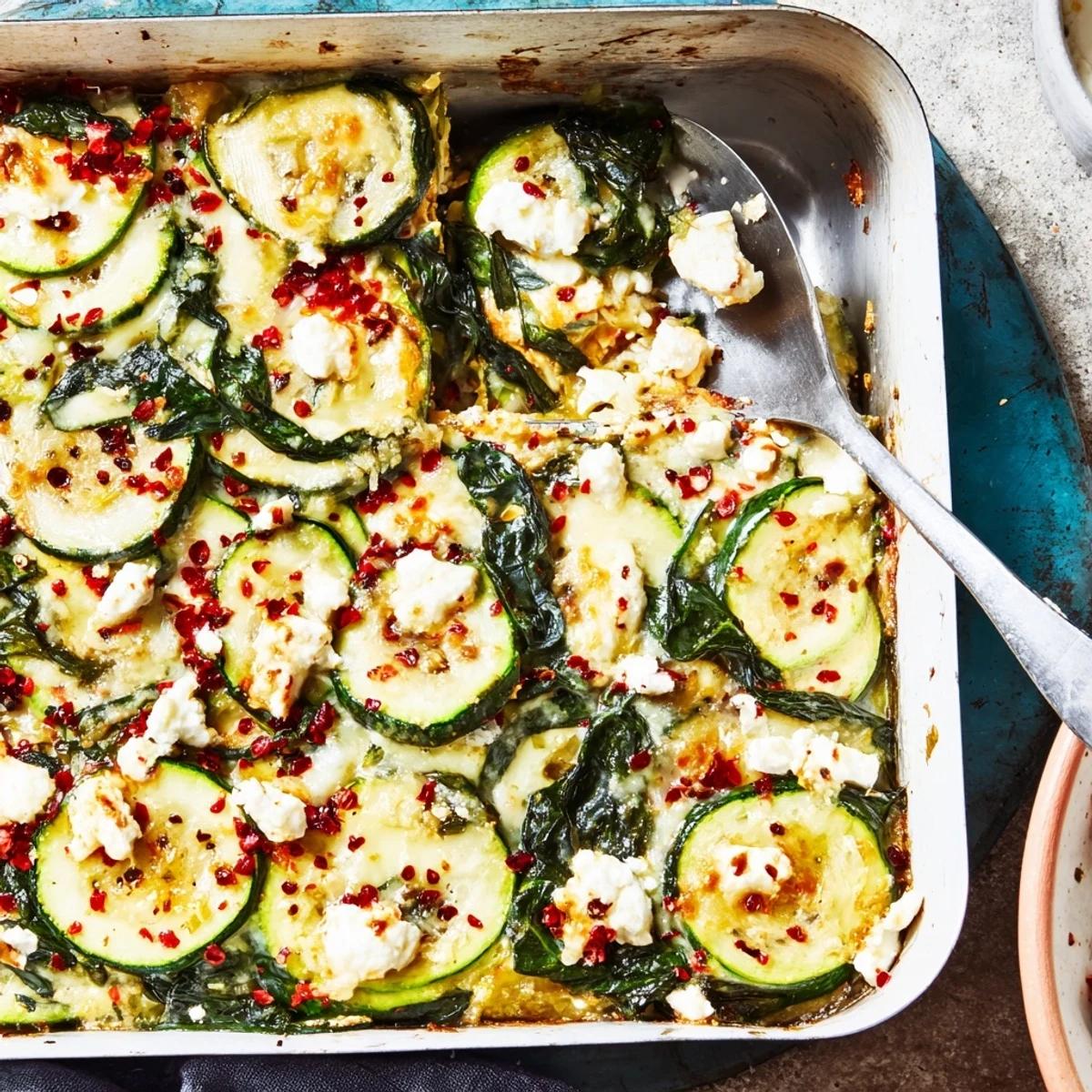 Sliced zucchini layered with wilted spinach and crumbled feta in this cheesy casserole