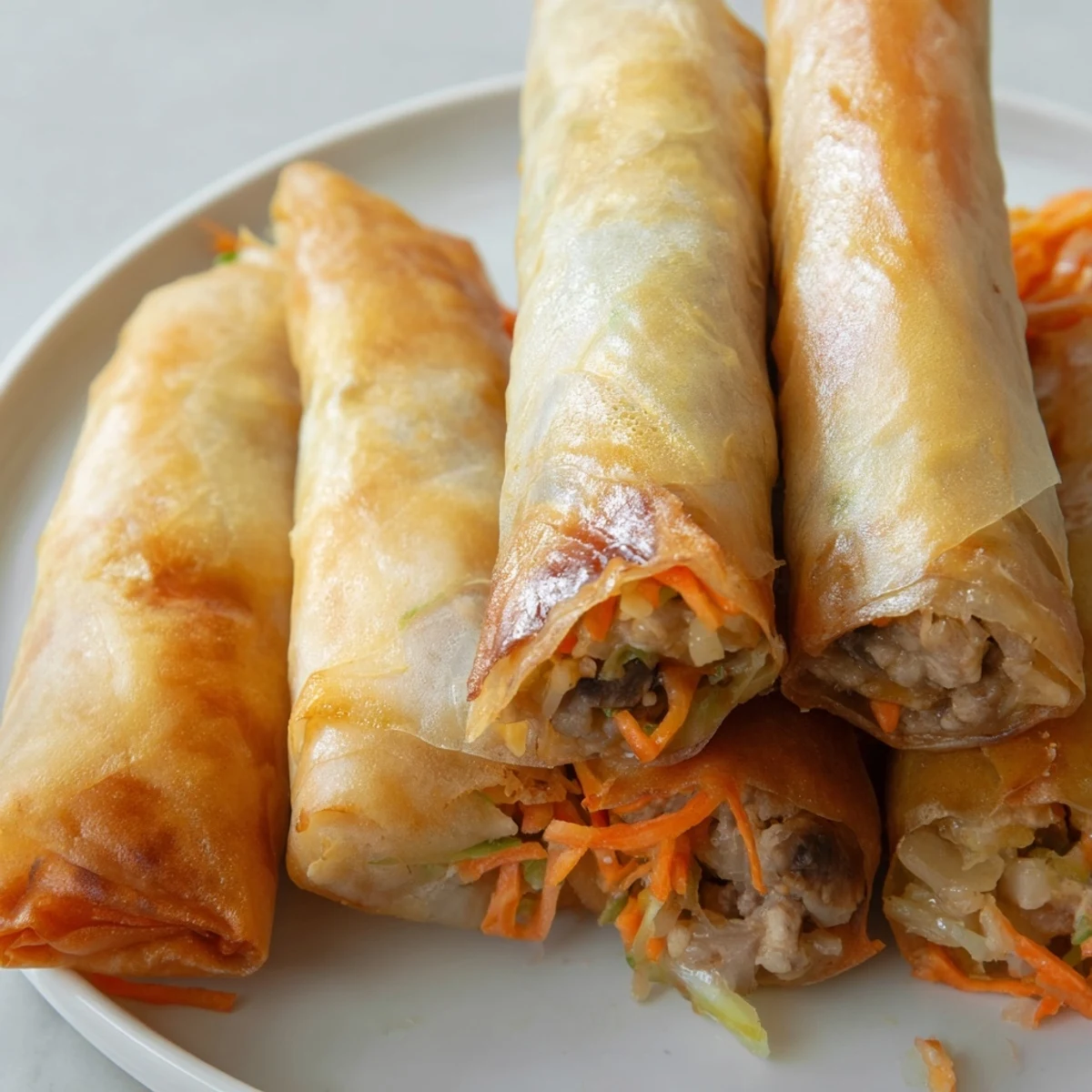 Bubbling hot rice paper spring rolls showcase golden brown wrappers stuffed with julienned carrots, cabbage, and mushrooms