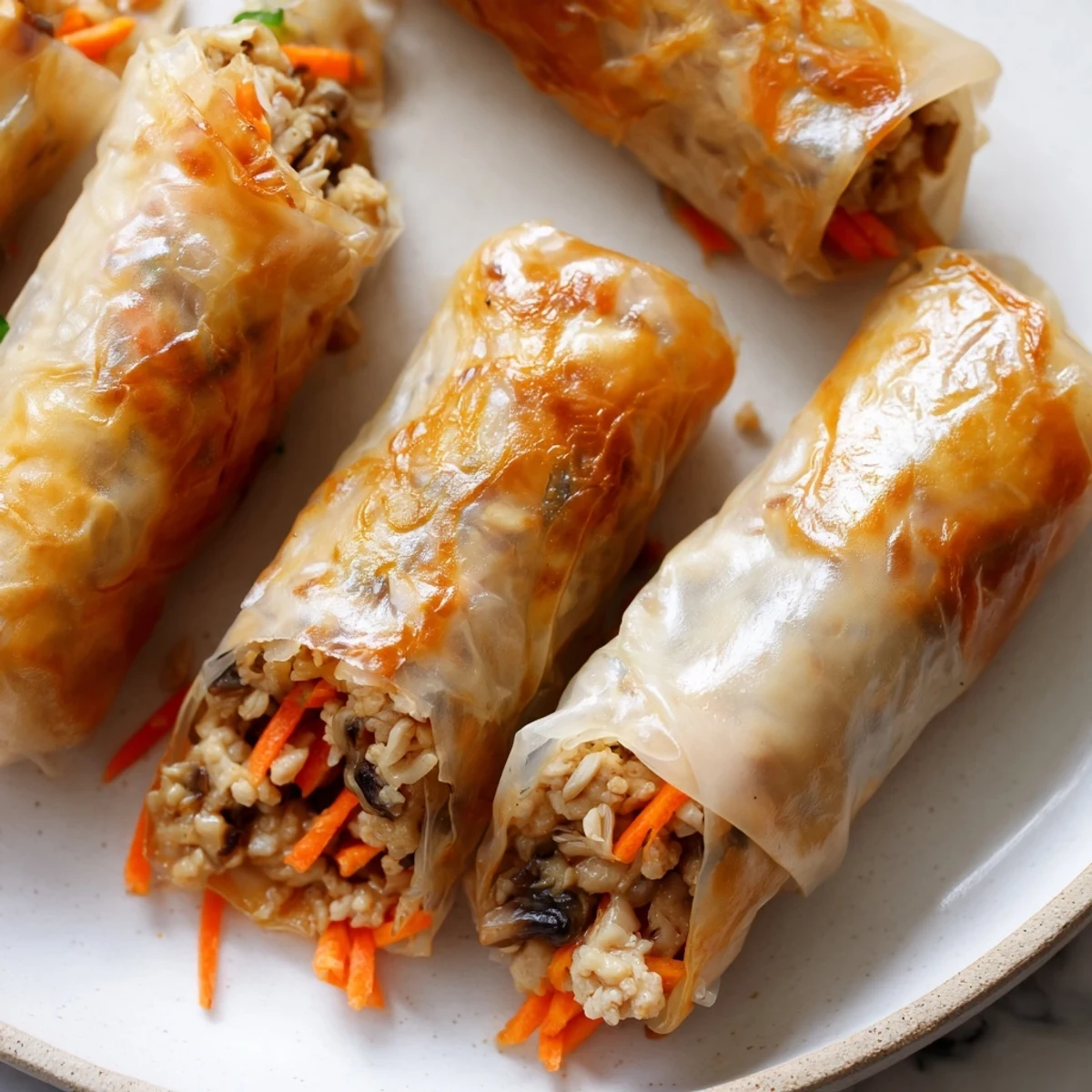 Golden crispy rice paper spring rolls filled with savory vegetables and protein, served with tangy dipping sauce