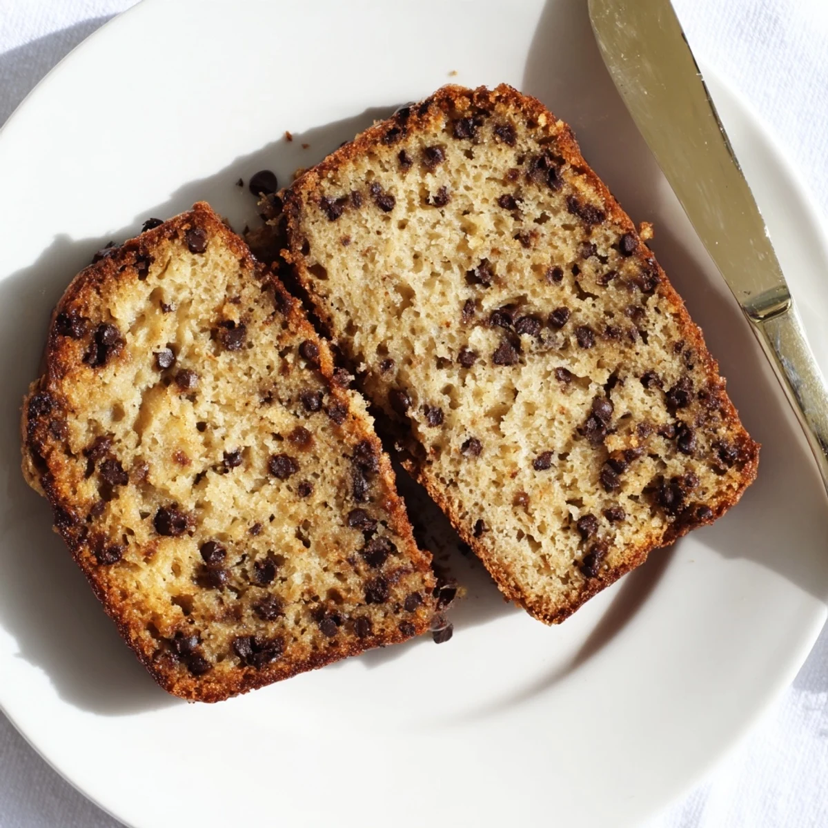 Golden brown classic chocolate chip banana bread loaf studded with melted chocolate chunks