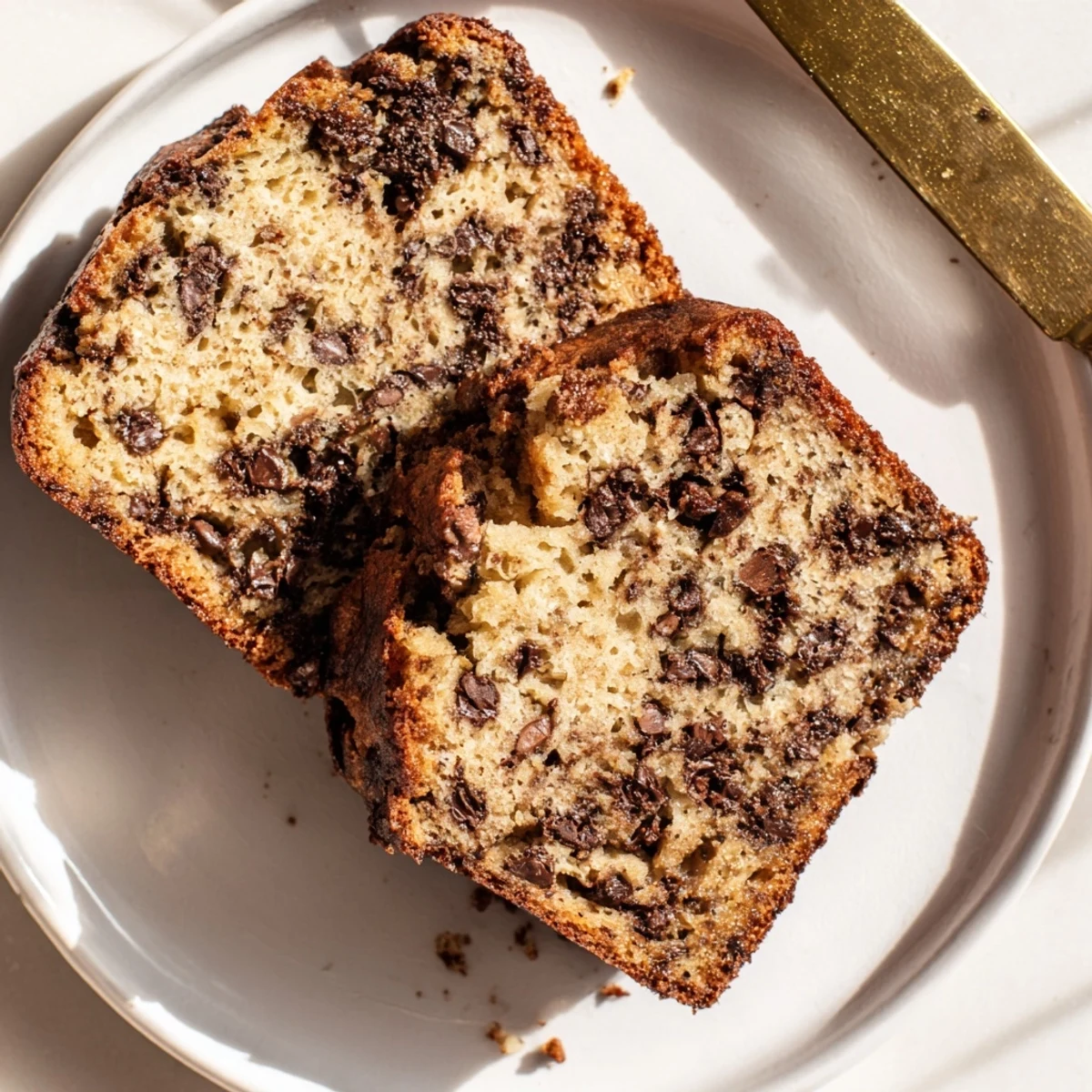 Freshly baked classic chocolate chip banana bread with gooey chocolate and golden crust