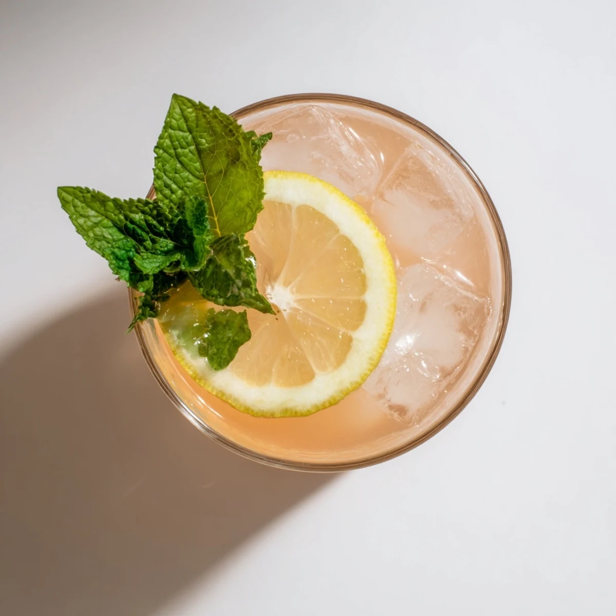 Tall glass of guava white tea lemonade garnished with fresh lemon slices and mint