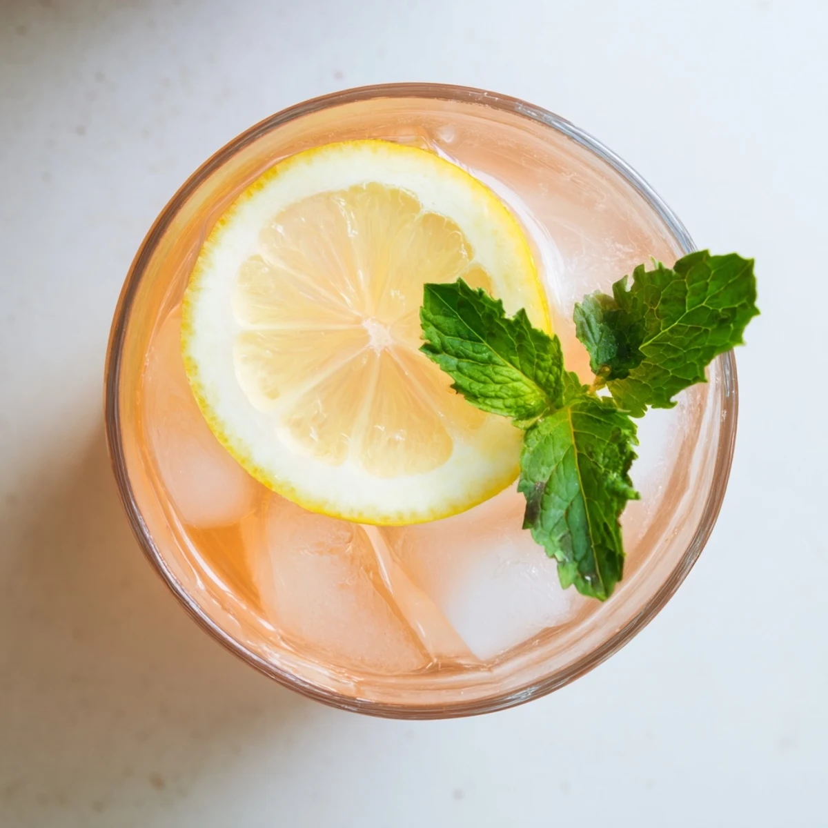 Refreshing pink guava white tea lemonade poured over ice in a clear pitcher