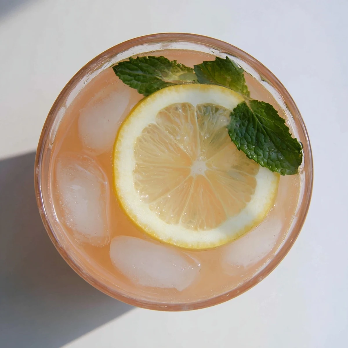 Tropical guava white tea lemonade drink with floating lemon wedges and ice cubes