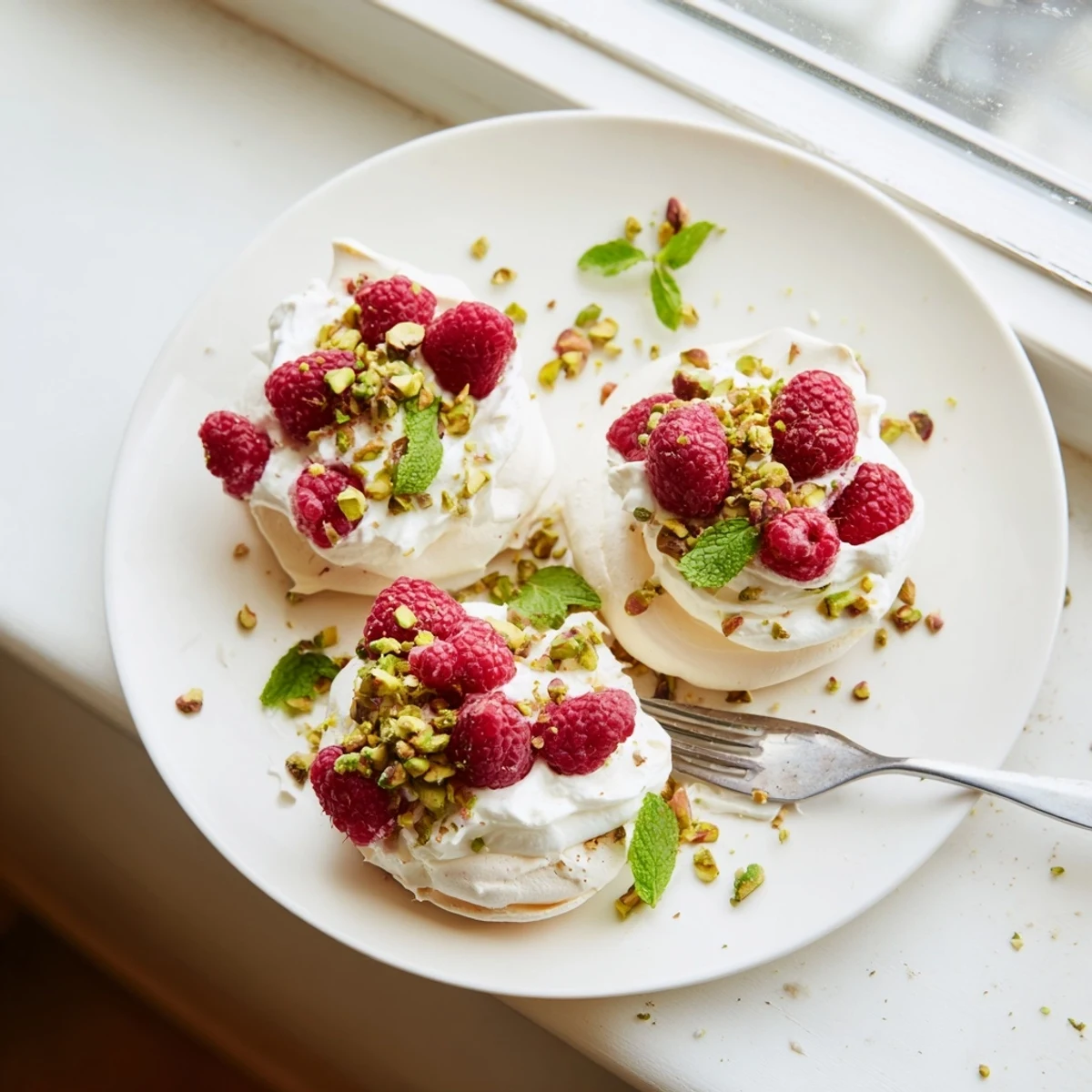 Golden pistachio meringue nests filled with whipped cream and fresh raspberries on a white plate