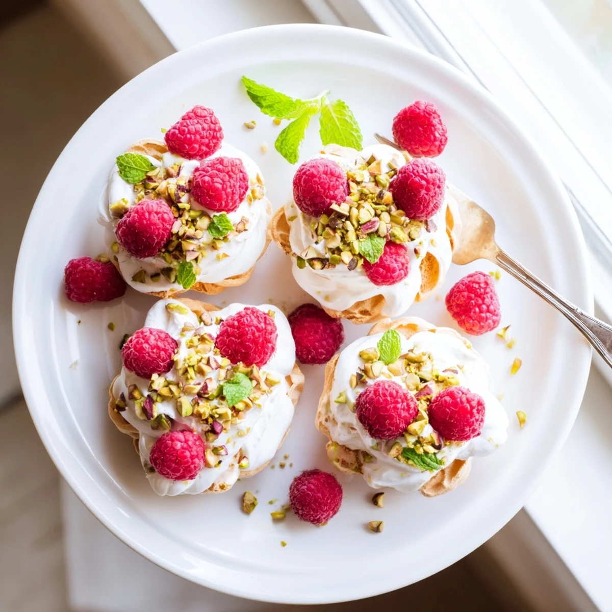 Delicate crispy meringue cups topped with juicy raspberries and chopped pistachios for spring dessert