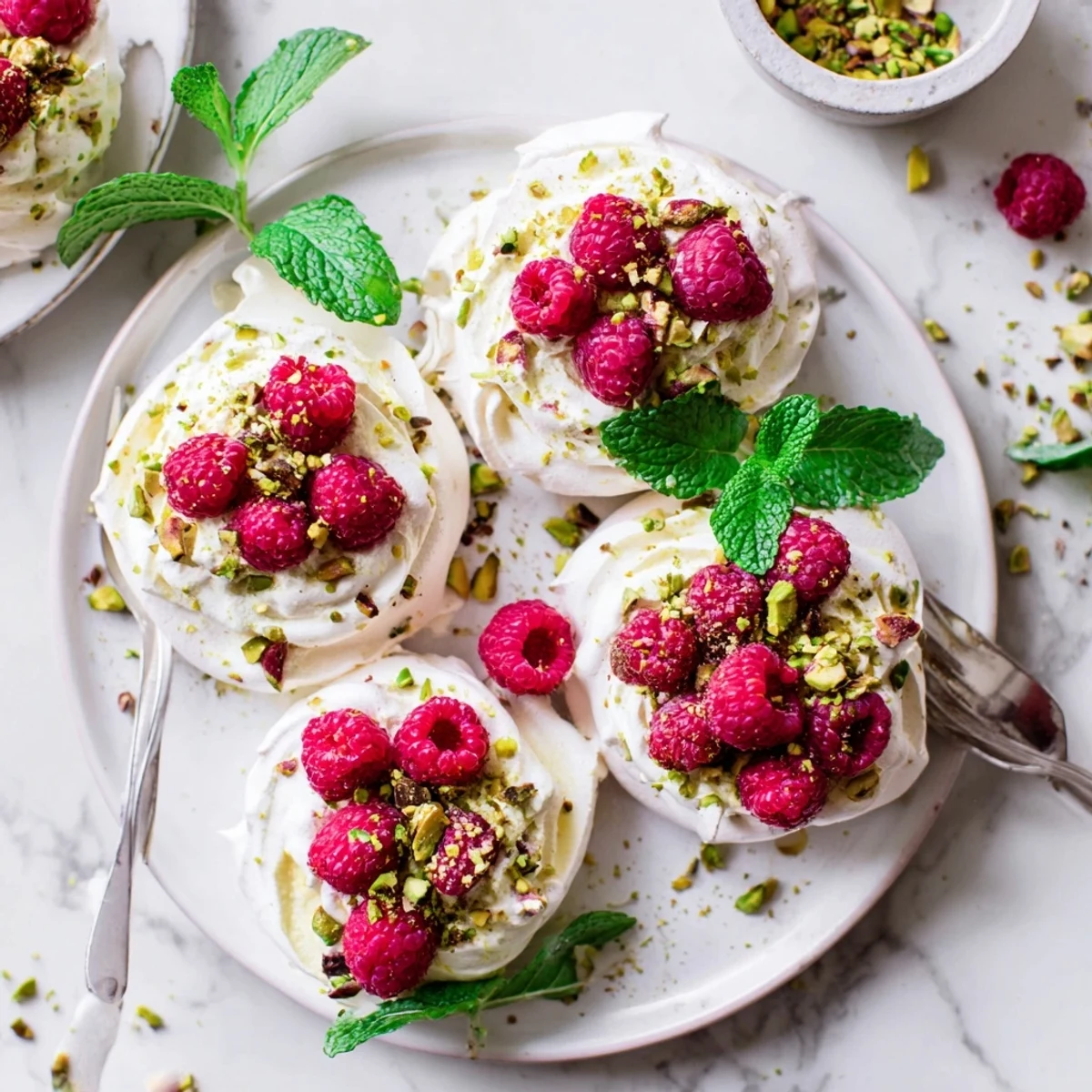 Light pistachio meringue nests with sweet cream filling and bright red raspberry garnish