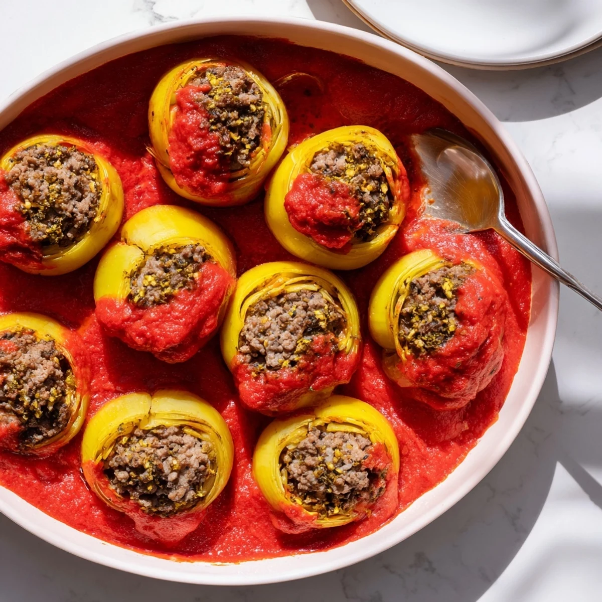 Golden Greek stuffed onions bubbling in rich tomato sauce with beef and rice filling