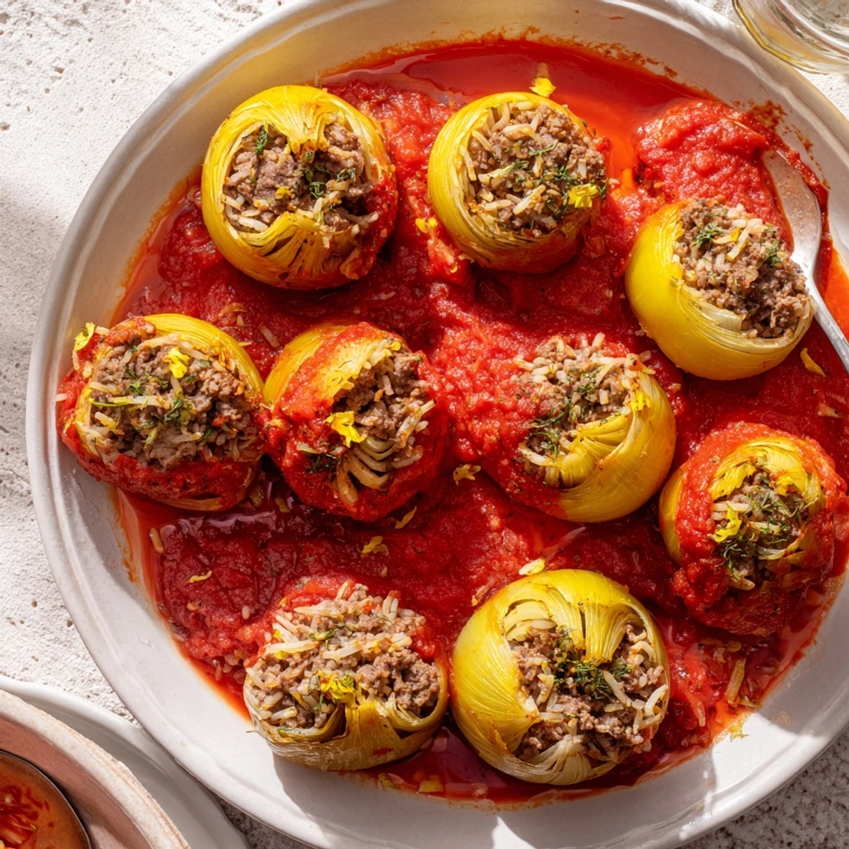 Tender boiled onion layers wrapped around savory ground beef and Mediterranean herb rice mixture