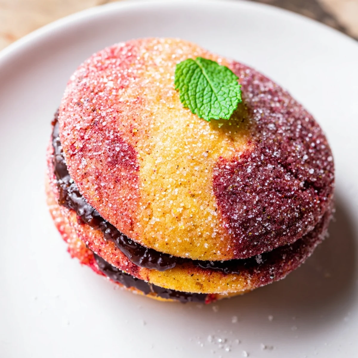 Golden Italian peach cookies filled with rich chocolate and peach jam, coated in sparkling sugar