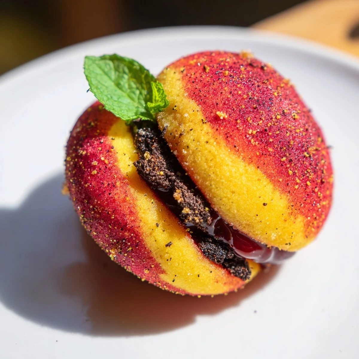 Soft peach-shaped sandwich cookies with colorful skins and mint leaves on a white serving plate
