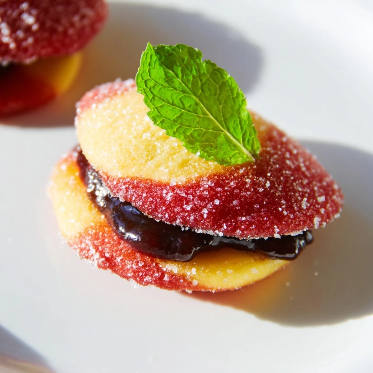 Homemade Italian peach cookies with chocolate jam filling, rolled in sugar and garnished with fresh mint