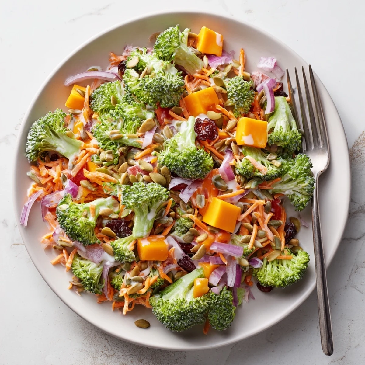 Fresh broccoli salad with colorful vegetables, dried cranberries, and creamy yogurt dressing in a white serving bowl