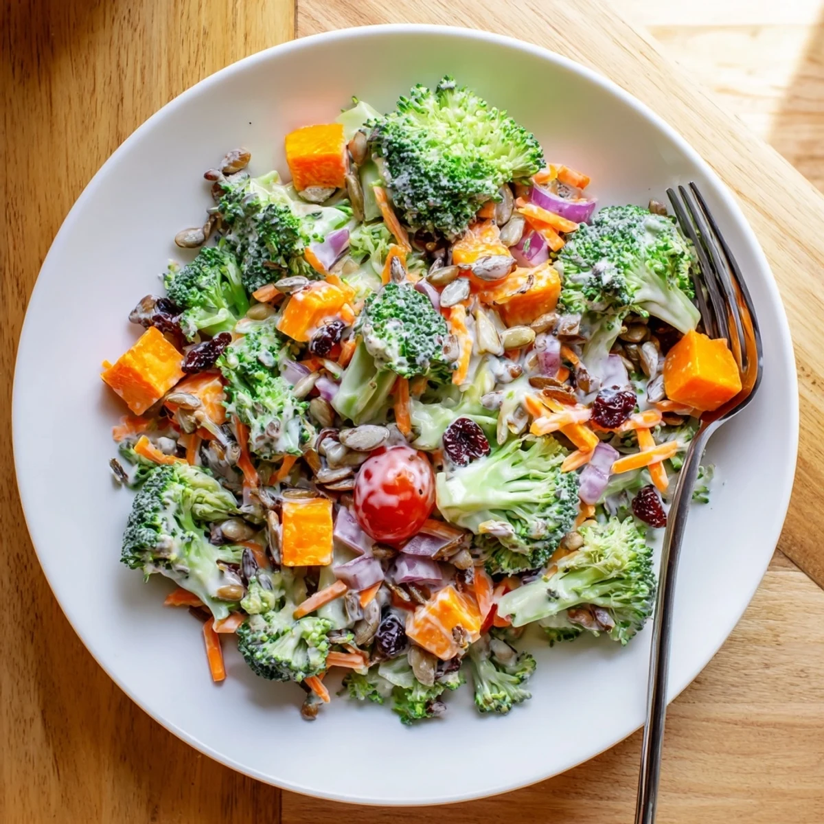 Vibrant broccoli salad featuring shredded carrots, cherry tomatoes, and tangy honey-mustard dressing atop a rustic wooden table
