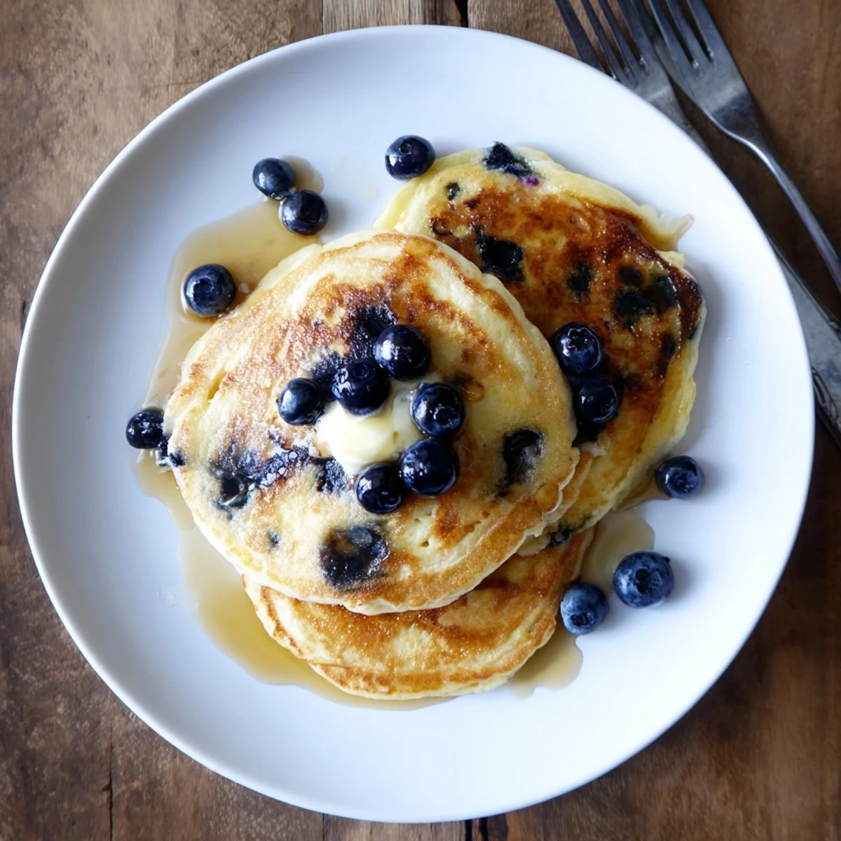 Light and airy Greek yogurt blueberry pancakes topped with fresh berries and melting butter