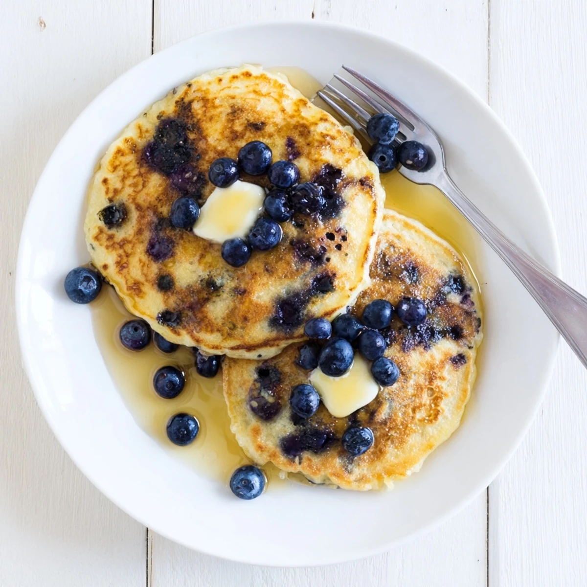 Fluffy Greek yogurt blueberry pancakes served warm on a rustic wooden board for breakfast