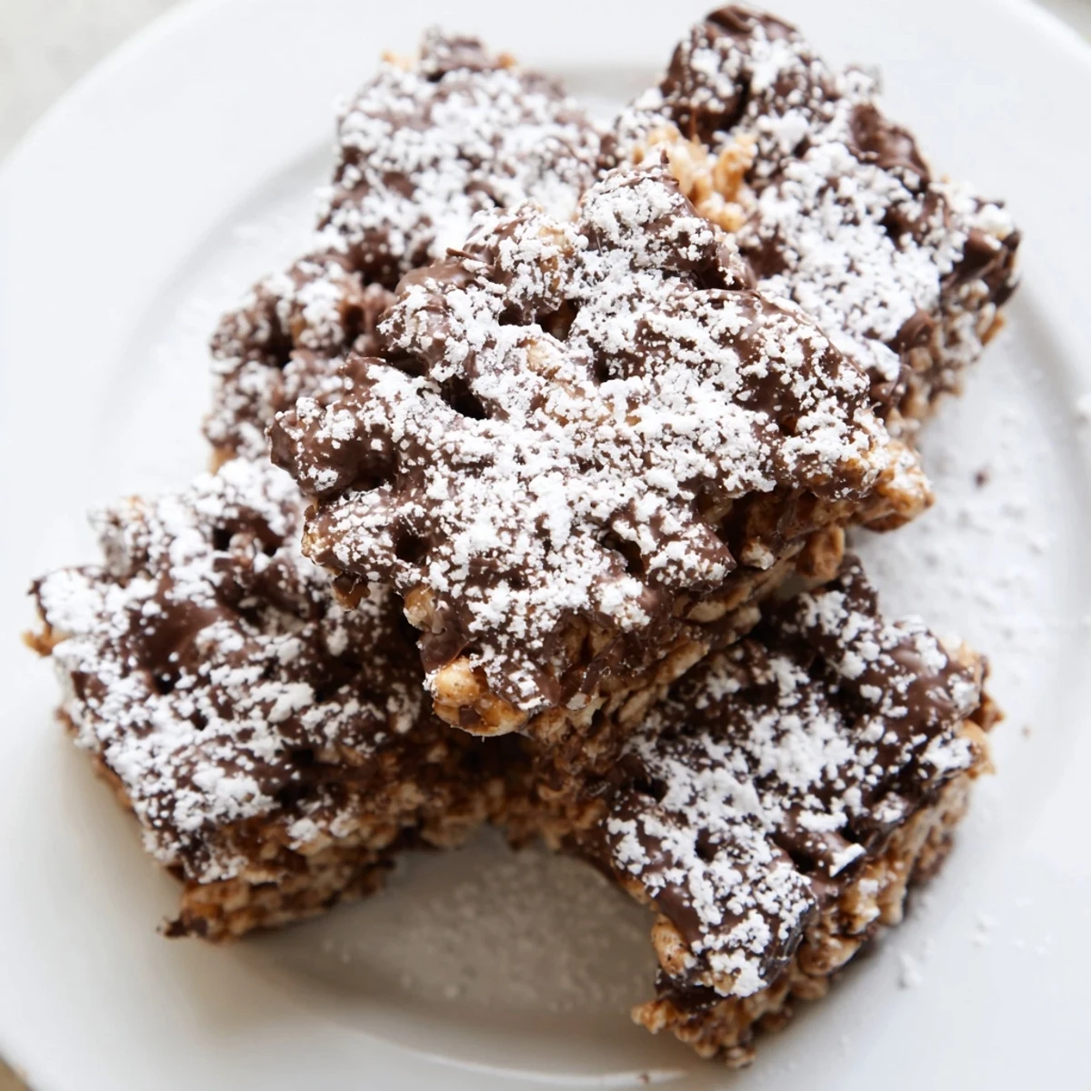 Golden brown Muddy Buddy Rice Krispies squares coated in white powdered sugar on a white plate