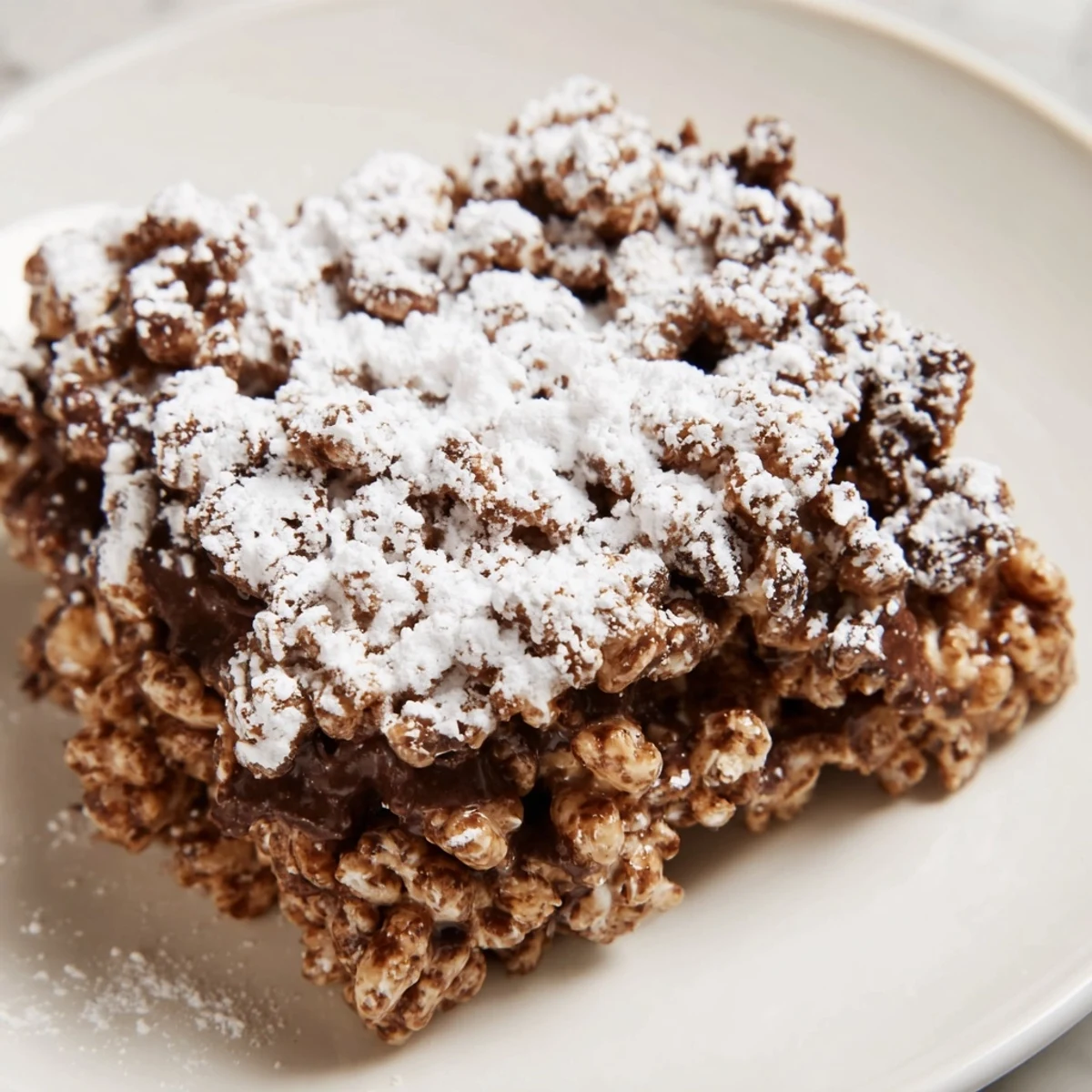 Homemade Muddy Buddy Rice Krispies cereal bars with melted peanut butter chocolate swirls and sugar dusting