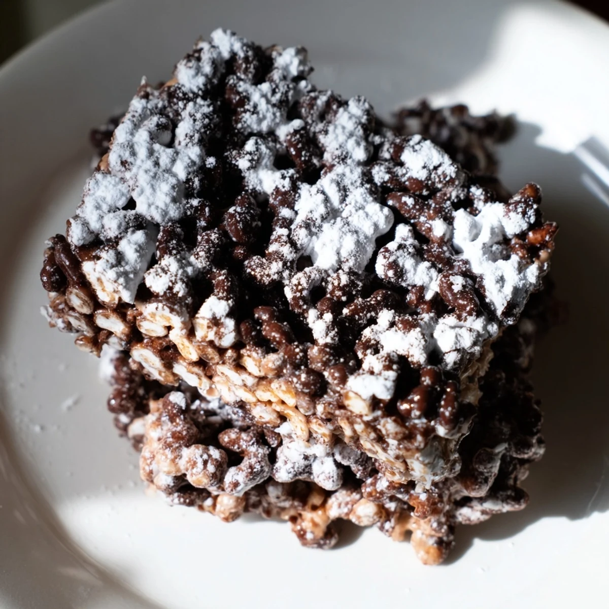 Chocolate-drizzled Muddy Buddy Rice Krispies treats stacked on a serving platter for party dessert