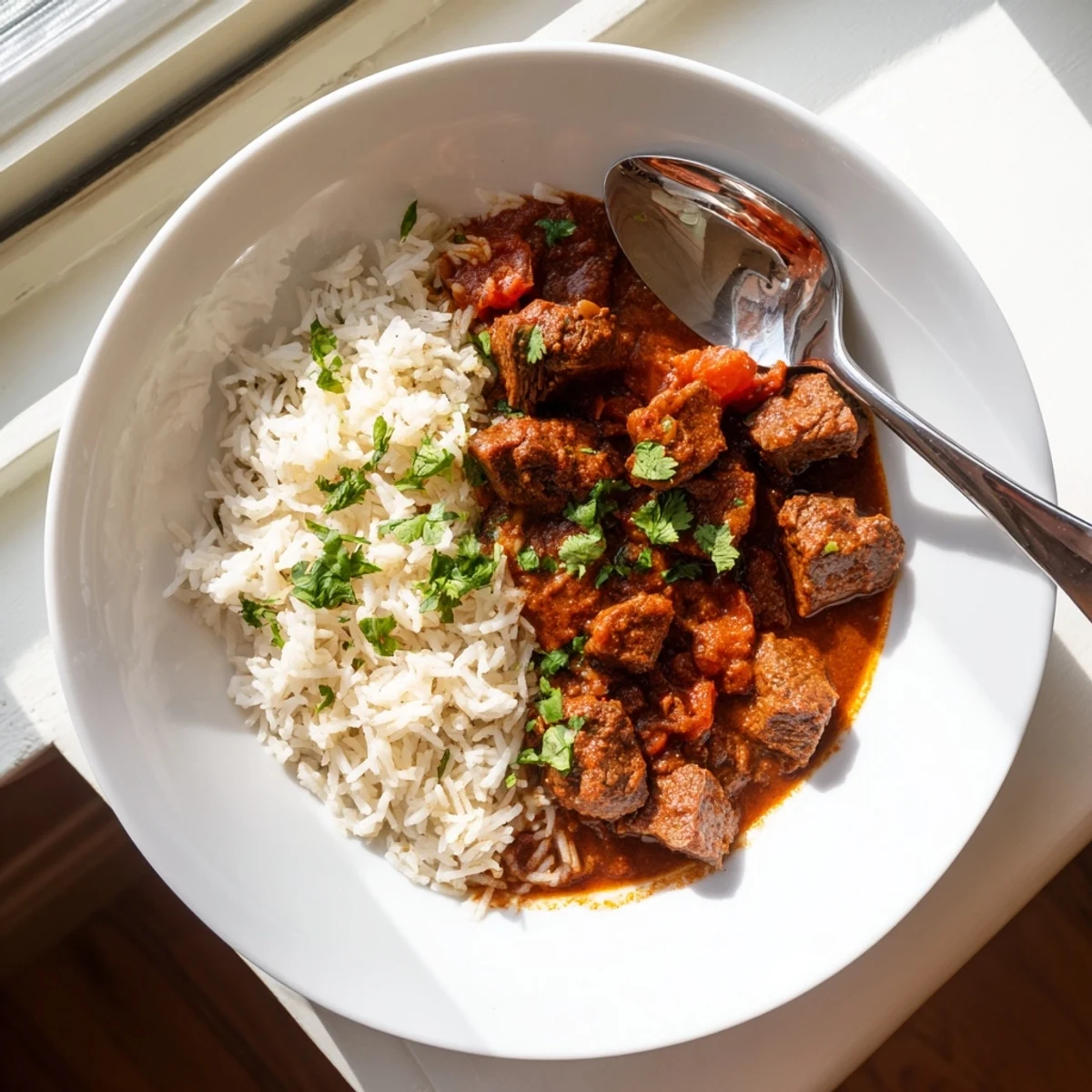 Golden Indian beef curry with tender chunks swimming in rich coconut tomato sauce
