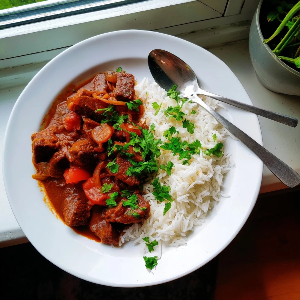 Savory beef cubes simmered in aromatic spices served over fluffy white basmati rice