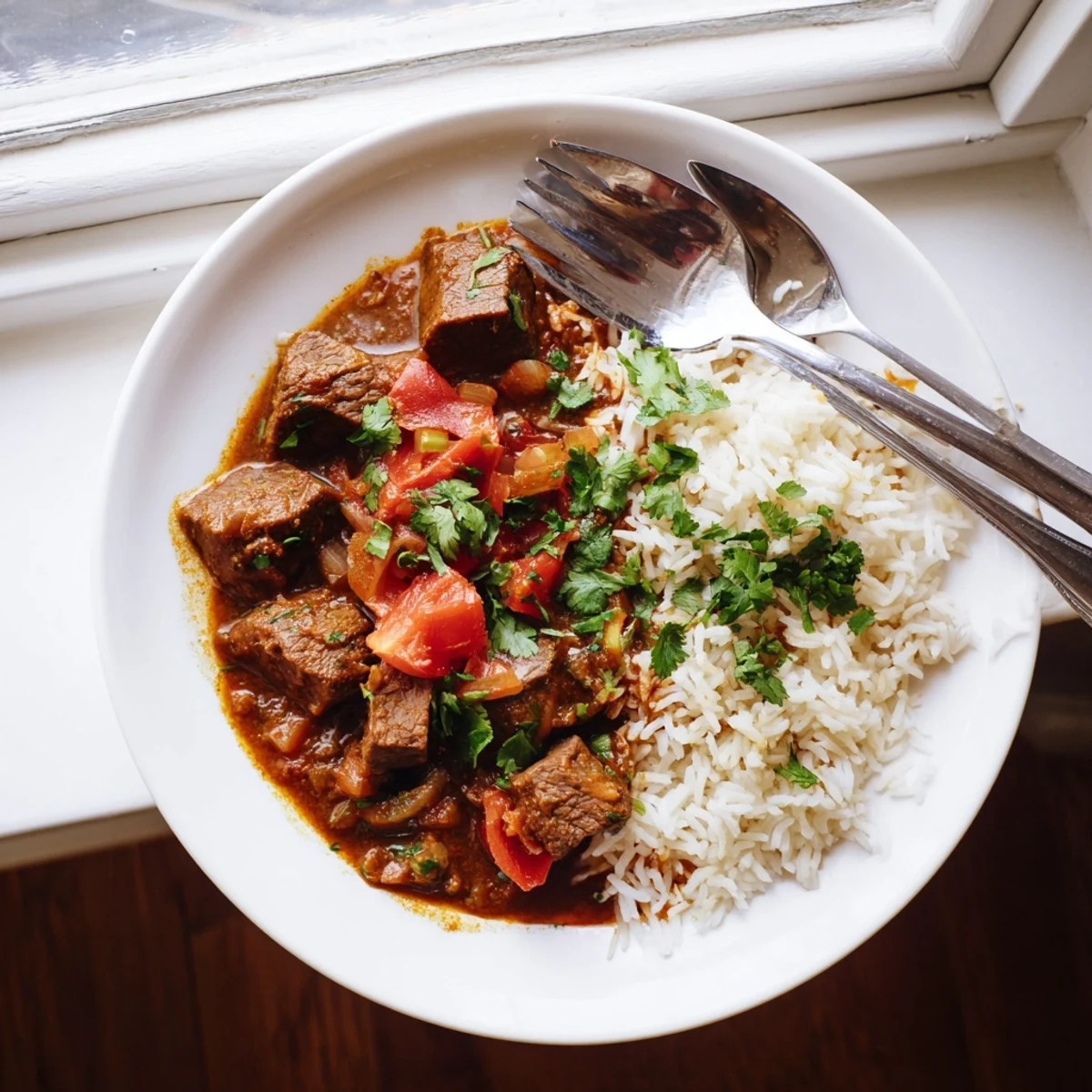 Hearty Indian beef curry garnished with fresh cilantro and paired with warm naan