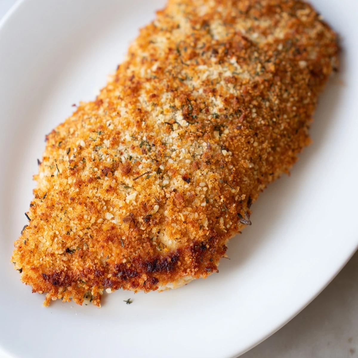 Pan-fried Italian chicken cutlets displaying a perfectly browned crust on a white serving platter