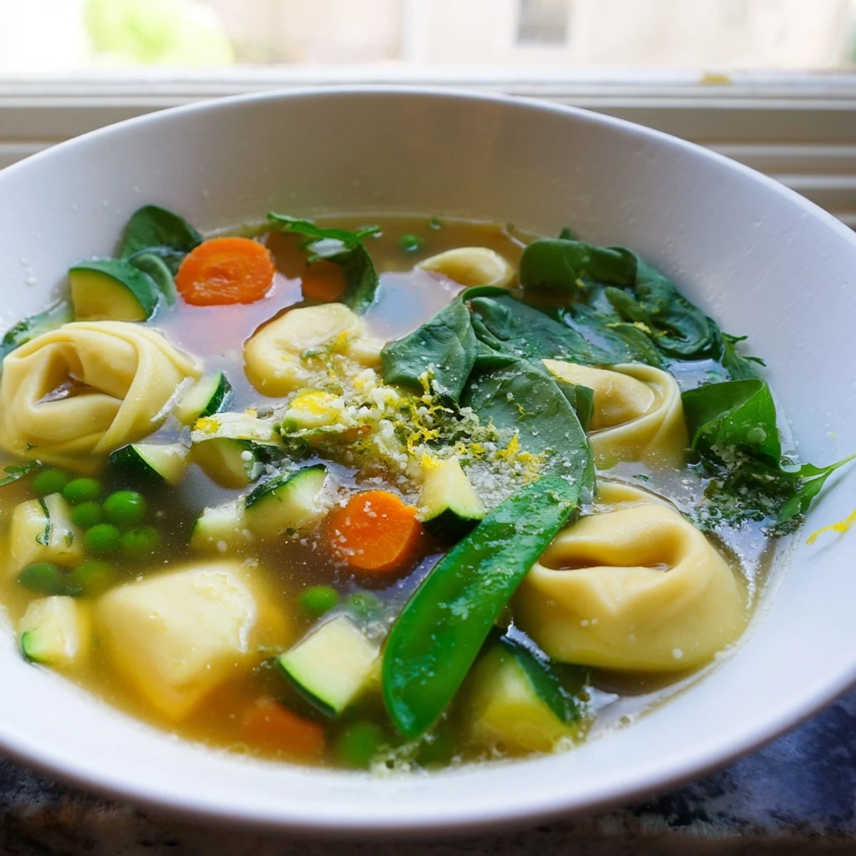 Creamy spring tortellini soup filled with colorful vegetables in a rich broth