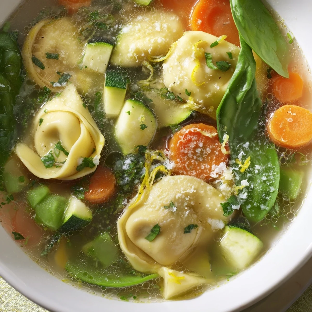 Steaming bowl of spring tortellini soup garnished with fresh herbs and lemon