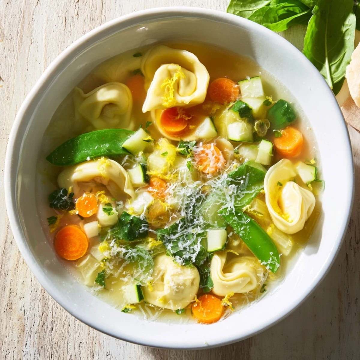 Homemade spring tortellini soup featuring tender pasta and bright seasonal vegetables