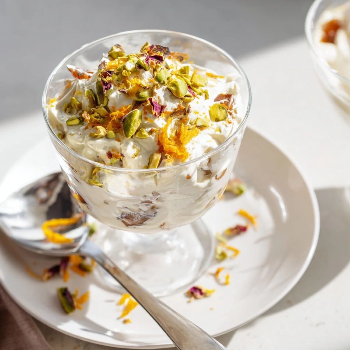 Fluffy Lebanese date blossom mousse topped with crushed pistachios and edible rose petals in clear glass