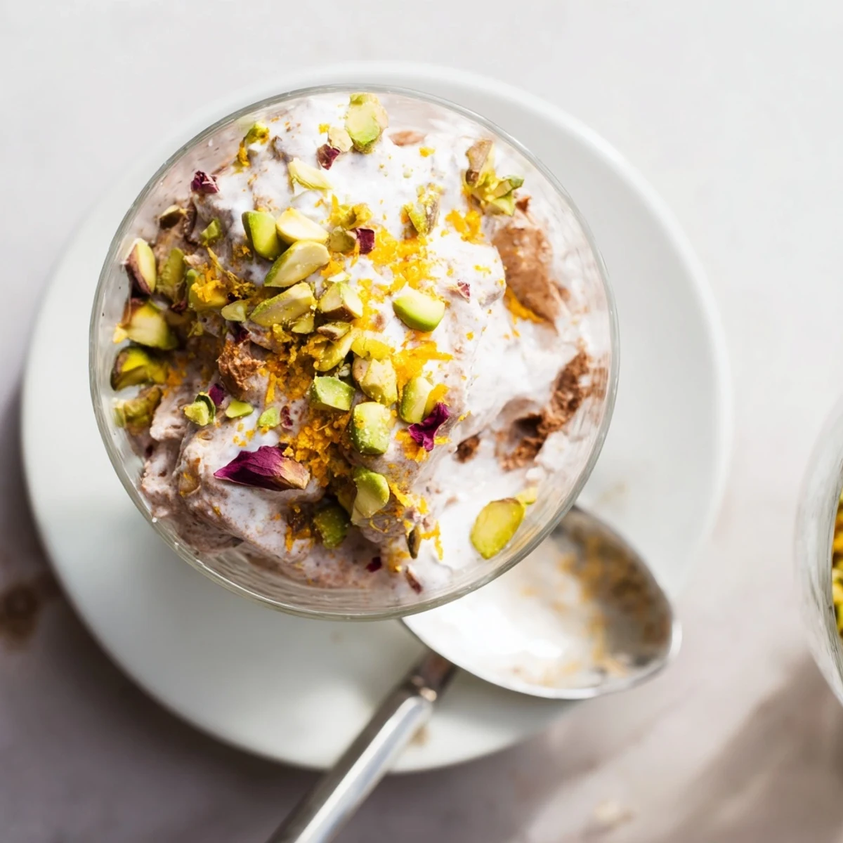 Creamy Lebanese date blossom mousse dessert garnished with orange zest and crunchy green pistachios